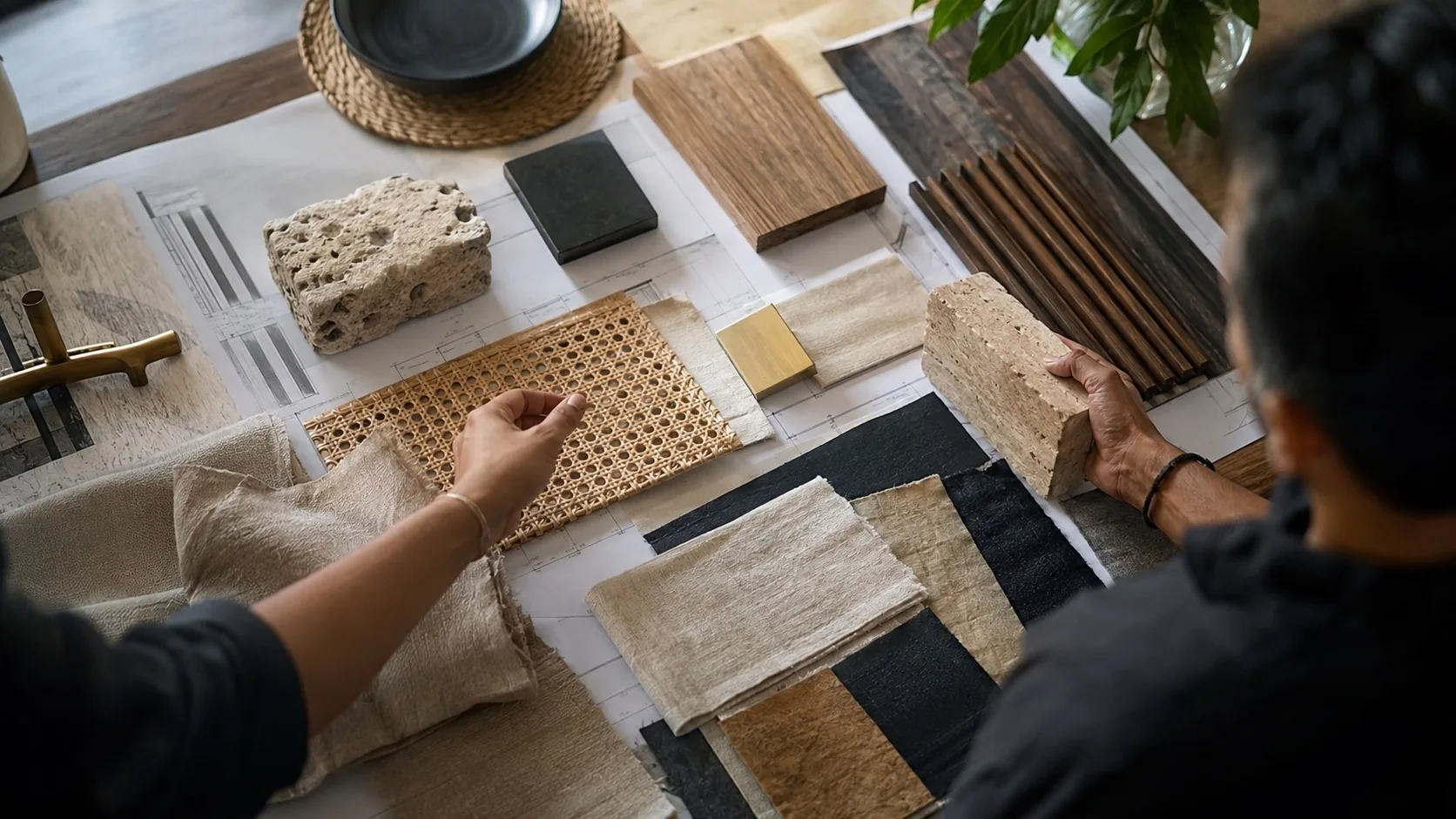 Concept image of timber, cane, linen and stone samples for hospitality design