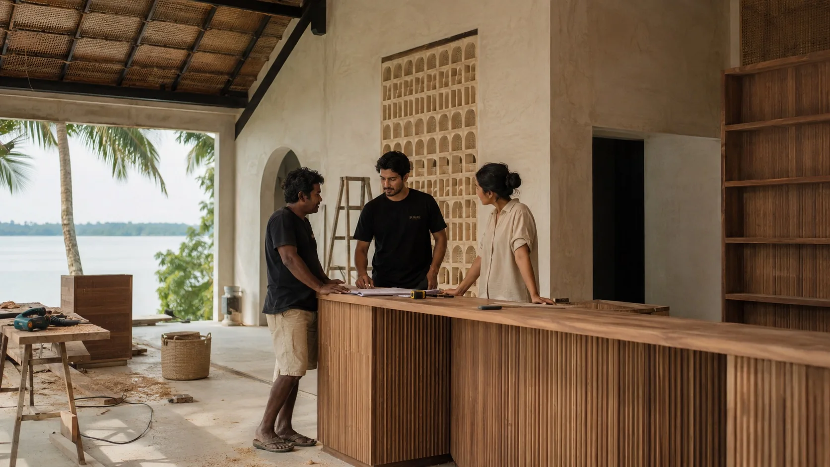 Illustrative hospitality team reviewing a reception fit-out