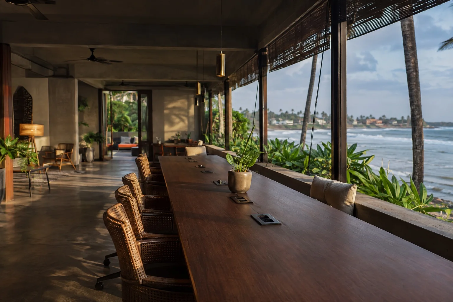 Illustrative tropical coworking space overlooking the ocean