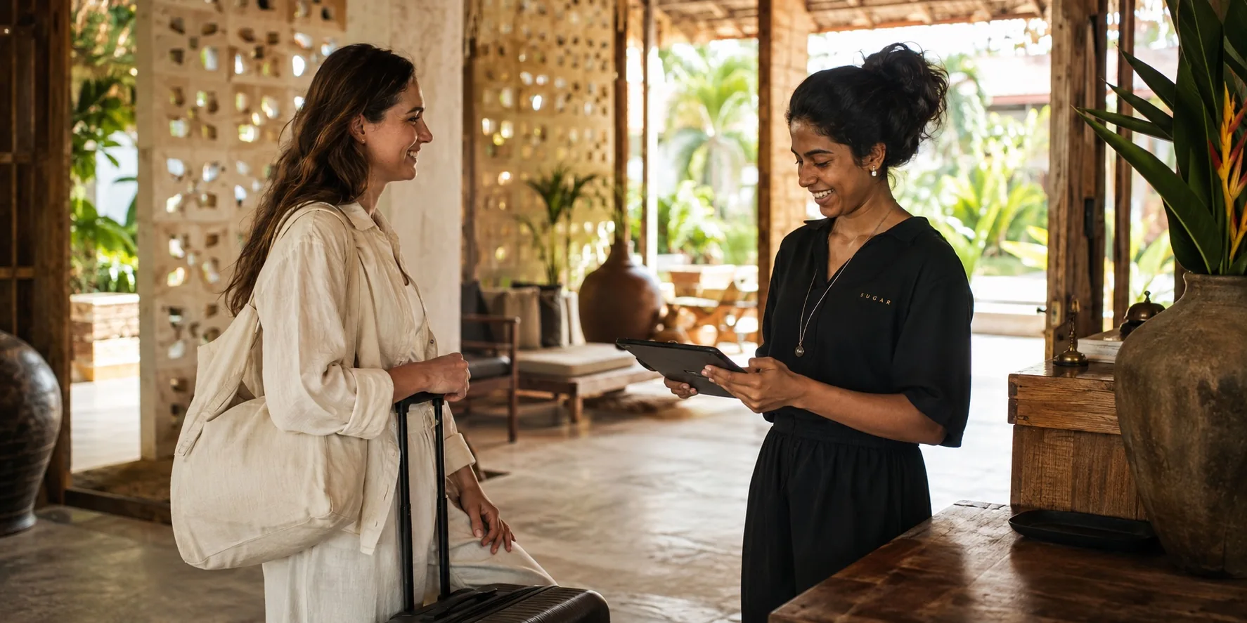 Illustrative Sugar host welcoming a guest with tablet check-in