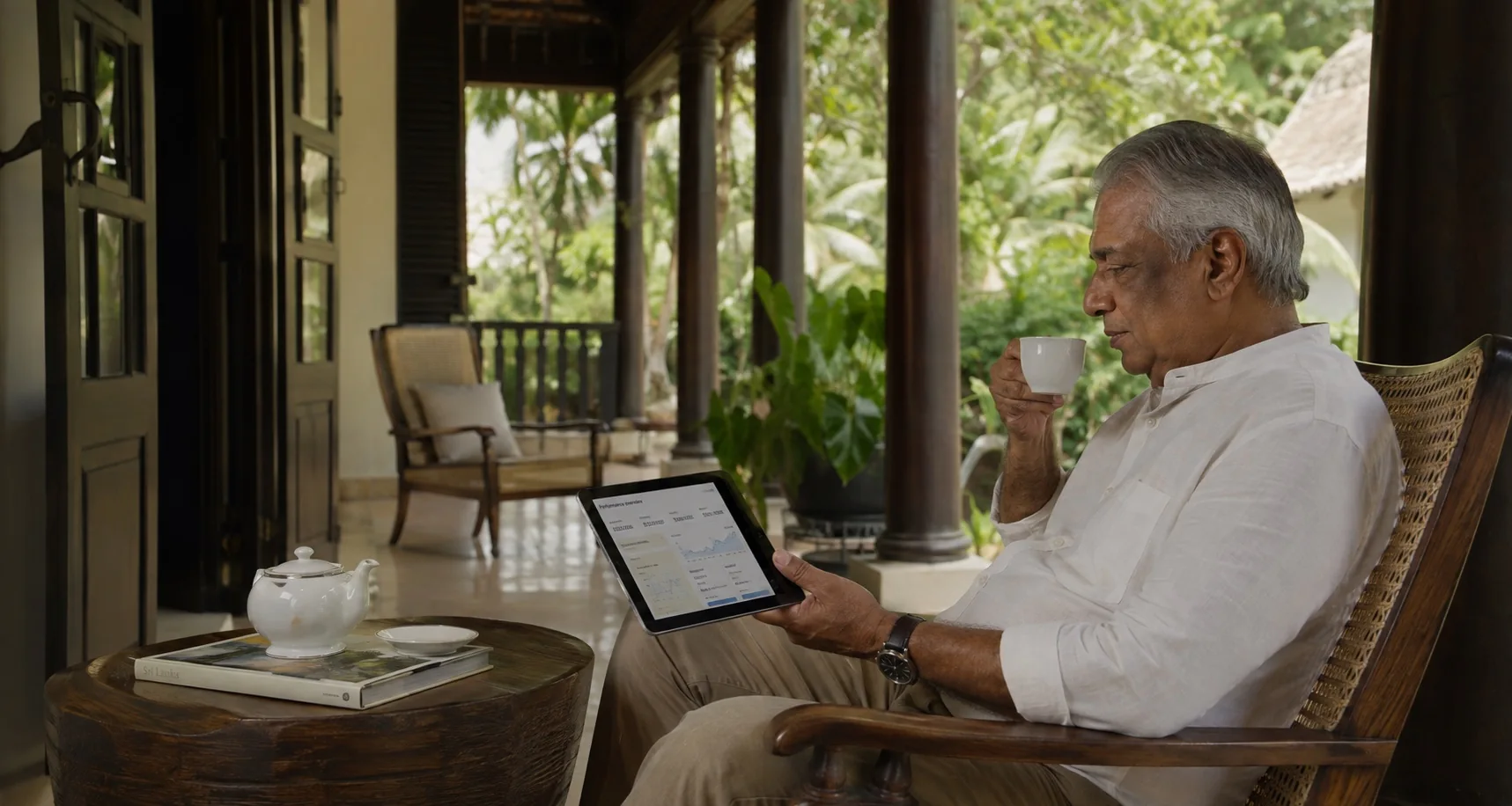 Illustrative mature hotel owner reviewing a tablet from his home veranda