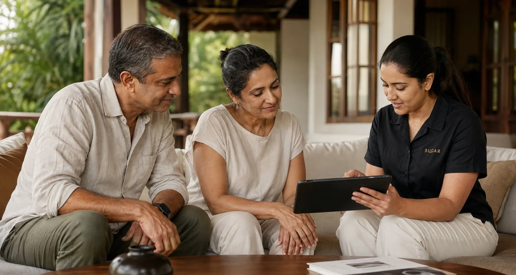 Illustrative owner couple reviewing property information with a Sugar manager