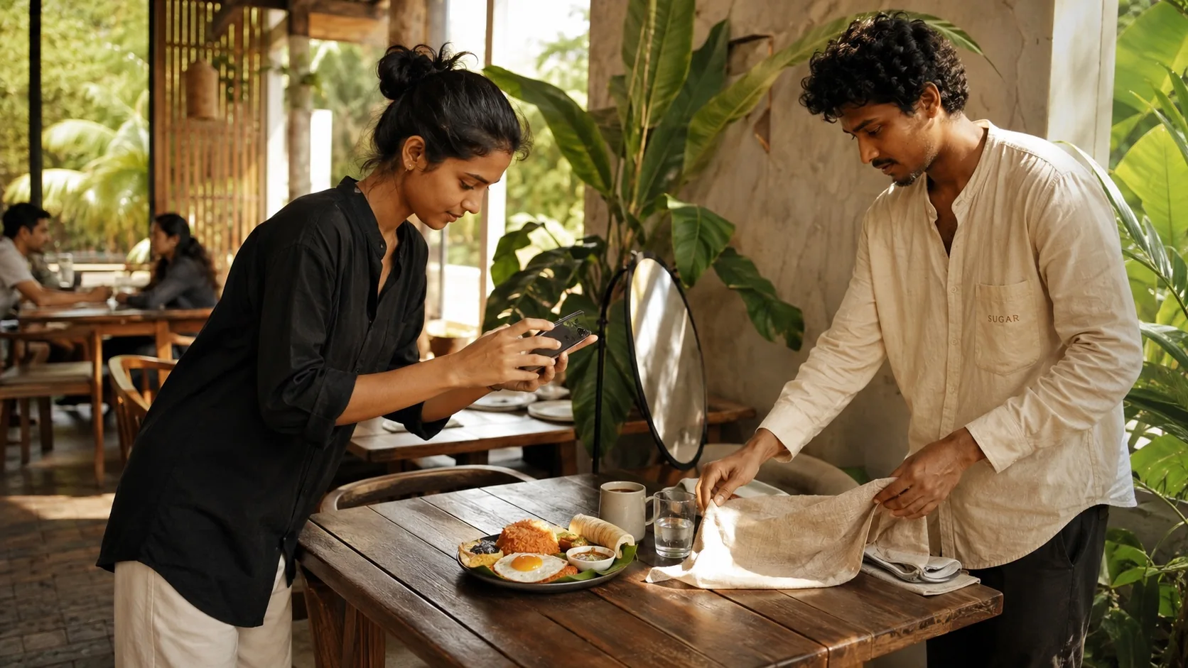 Illustrative hospitality content team photographing a breakfast setting