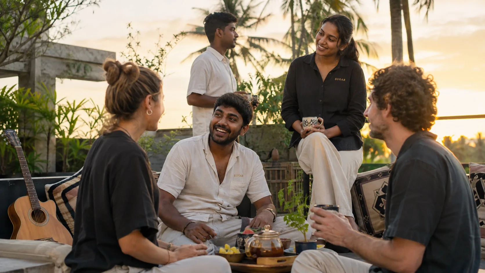 Illustrative rooftop community gathering at a tropical coliving property
