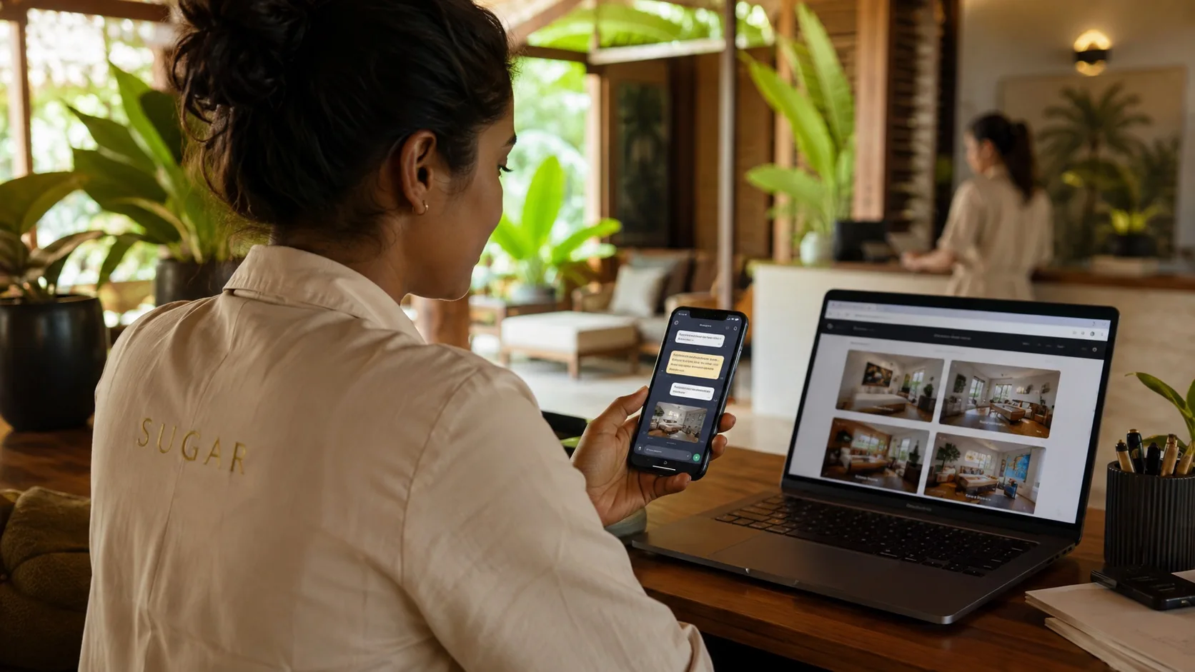 Concept image of a reservations specialist managing a guest conversation alongside room photographs