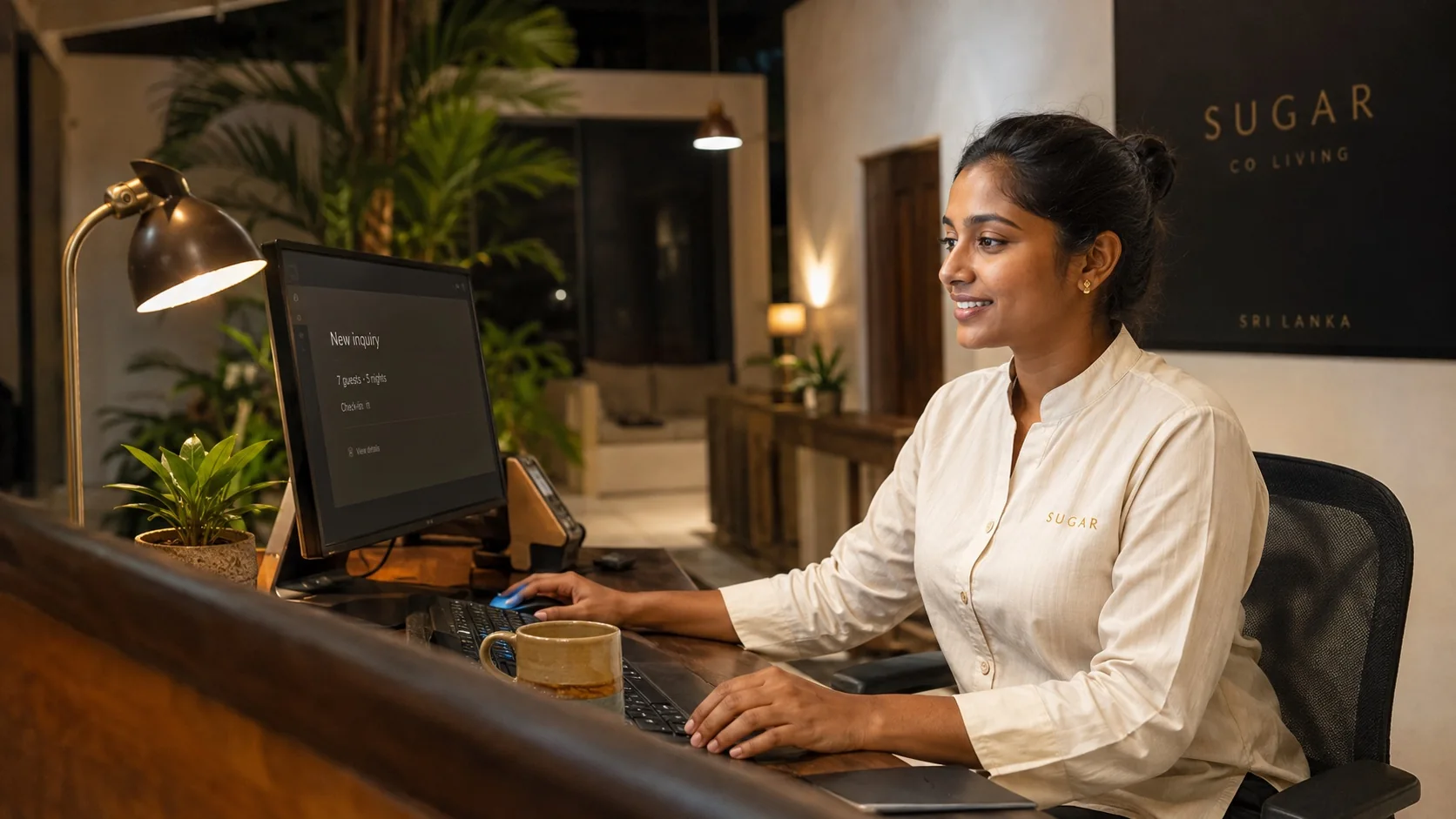 Illustrative evening reservations coverage at a tropical hospitality desk