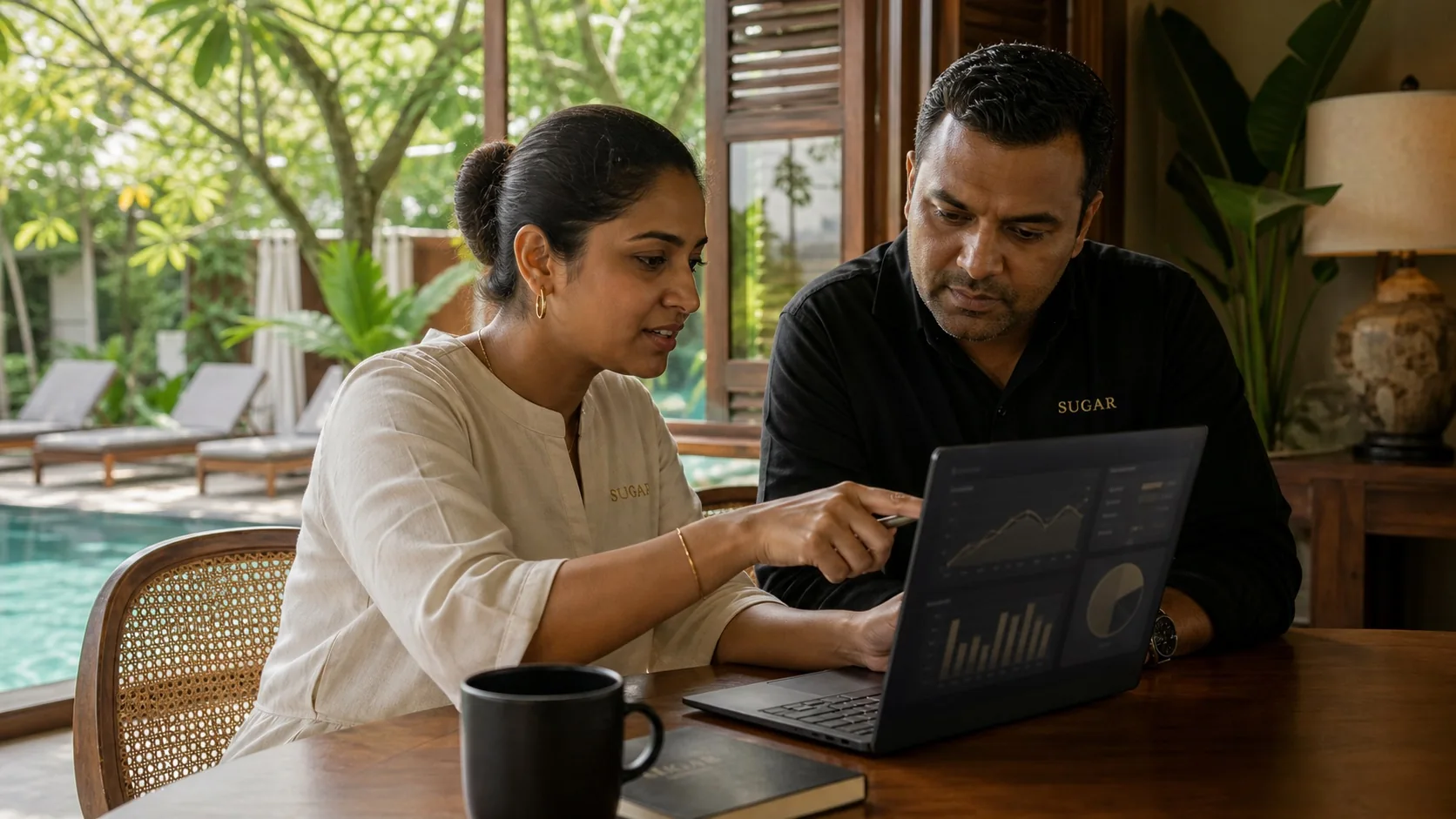 Illustrative hospitality managers reviewing pricing and booking information