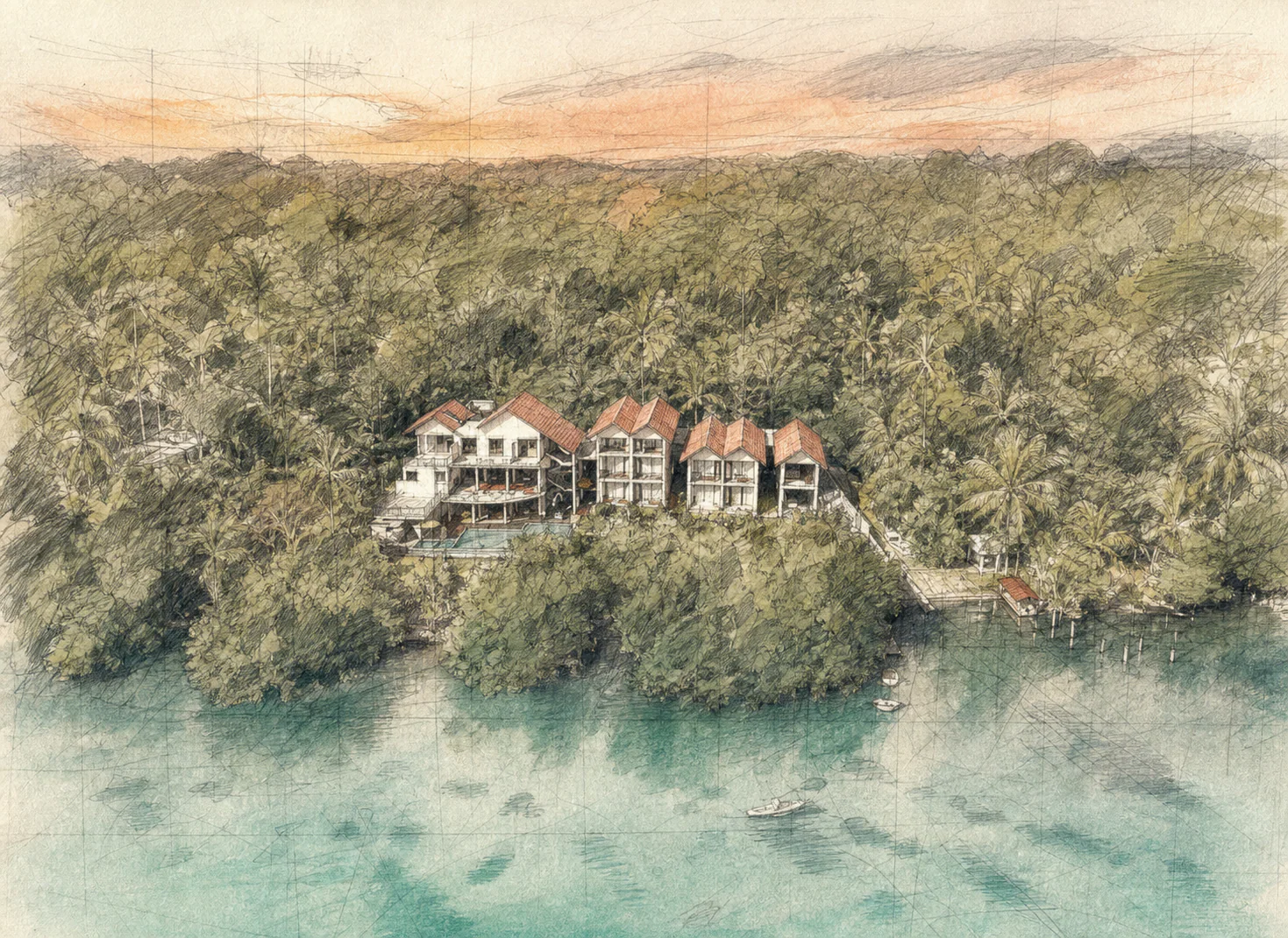 Architectural concept view of Zen Koggala beside Koggala Lake in Sri Lanka